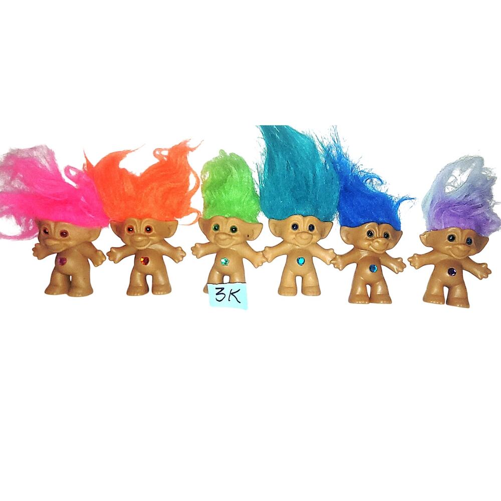 (3 K)  Six Vintage Gem Belly Ace Novelty Treasure Troll Doll Lot of 6